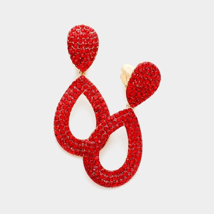 Red Pave Crystal Rhinestone Cut Out Teardrop Clip on Earrings