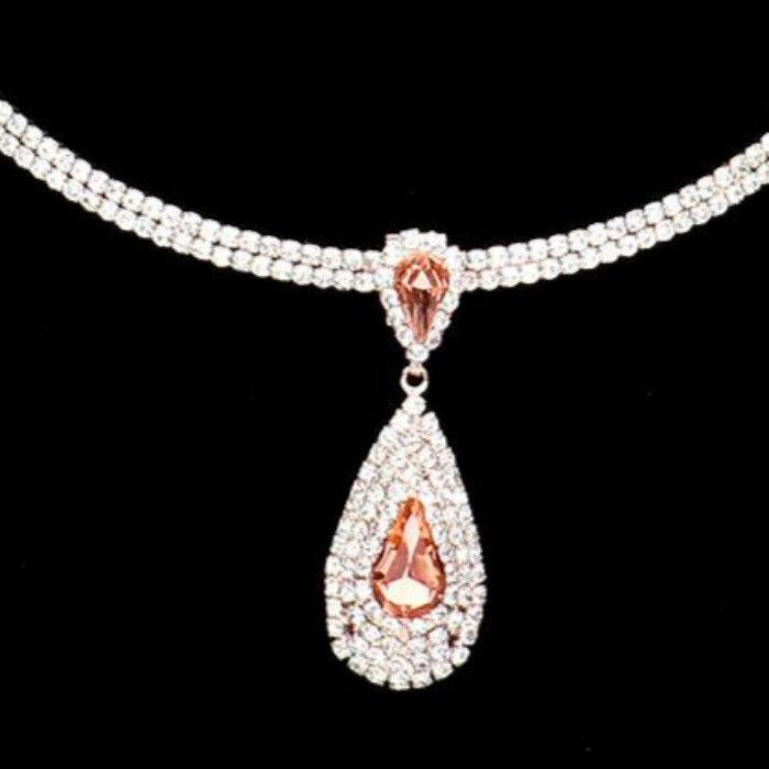 Peach Teardrop Stone Accented Rhinestone Choker Necklace Set