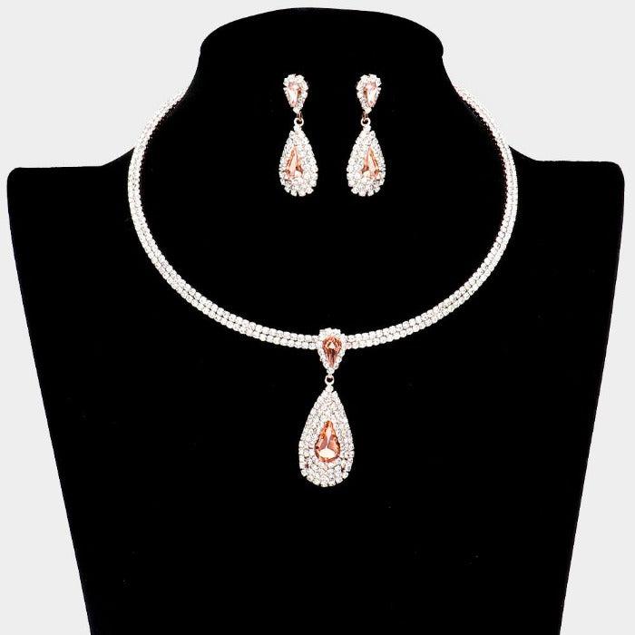 Peach Teardrop Stone Accented Rhinestone Choker Necklace Set