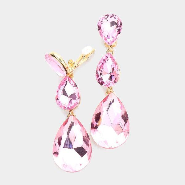 Pink Triple Crystal Rhinestone Clip-On Earrings