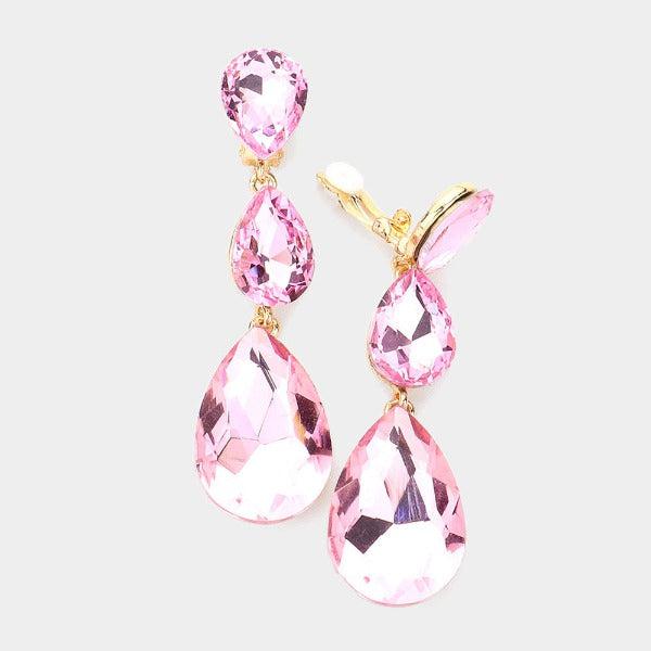 Pink Triple Crystal Rhinestone Clip-On Earrings