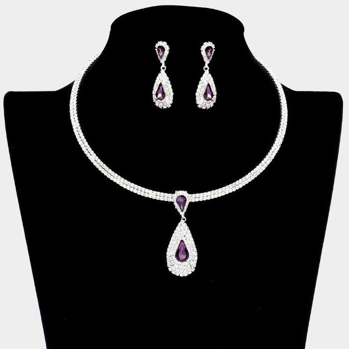 Purple Teardrop Stone Accented Rhinestone Choker Necklace Set