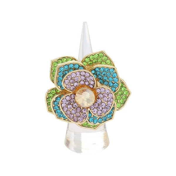 Round Stone Centered Rhinestone Paved Flower Stretch Ring