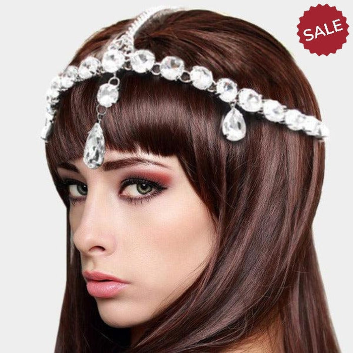 Silver Head Chain Round Teardrop Stones-Hair Accessories-SPARKLE ARMAND