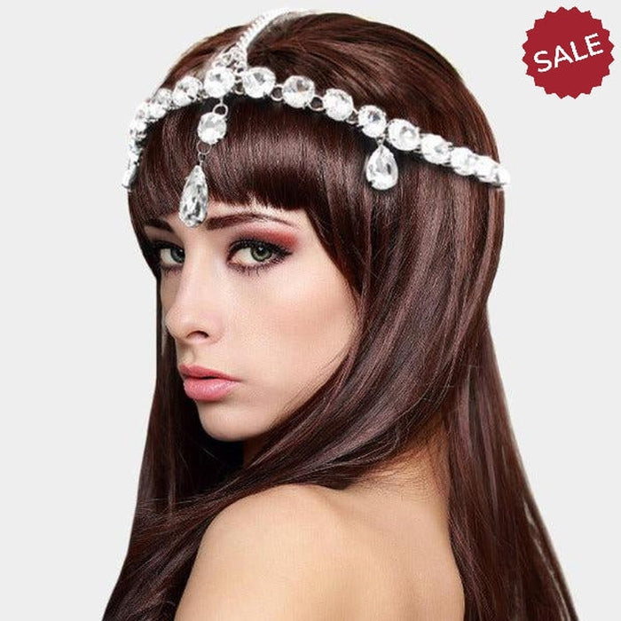 Silver Head Chain Round Teardrop Stones-Hair Accessories-SPARKLE ARMAND