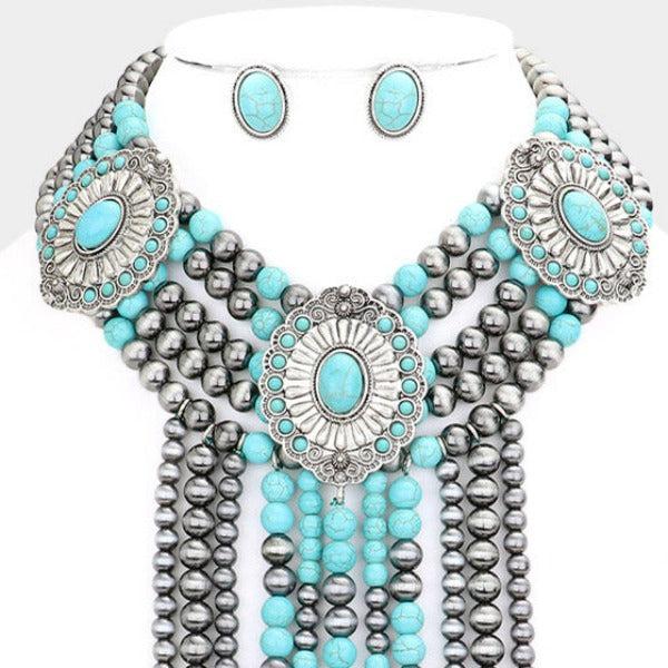 Squash Blossom Natural Stone Accented Layered Fringe Bib Necklace Set