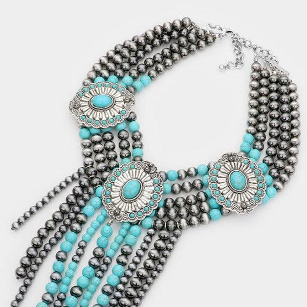 Squash Blossom Natural Stone Accented Layered Fringe Bib Necklace Set