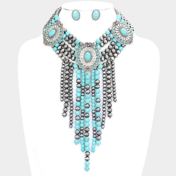 Squash Blossom Natural Stone Accented Layered Fringe Bib Necklace Set