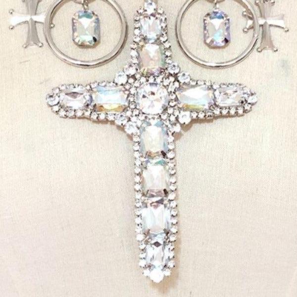 Stone Embellished Cross Pendant Statement Necklace & Earrings