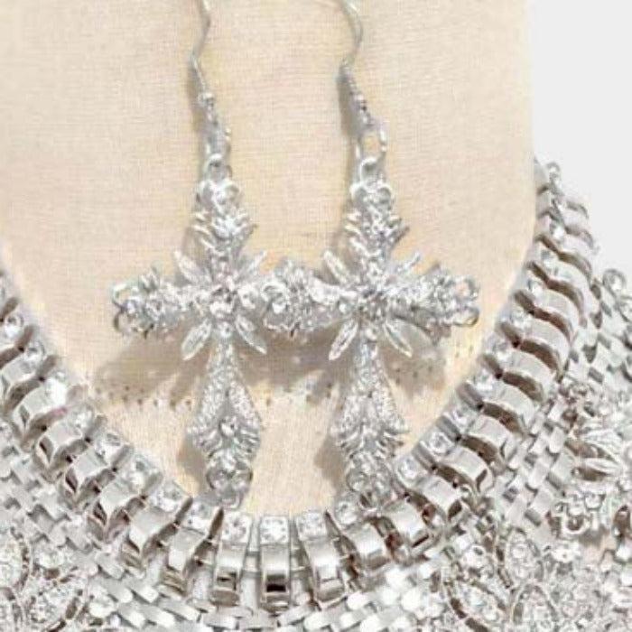Stone Embellished Flower Cross Accented Statement Necklace Set