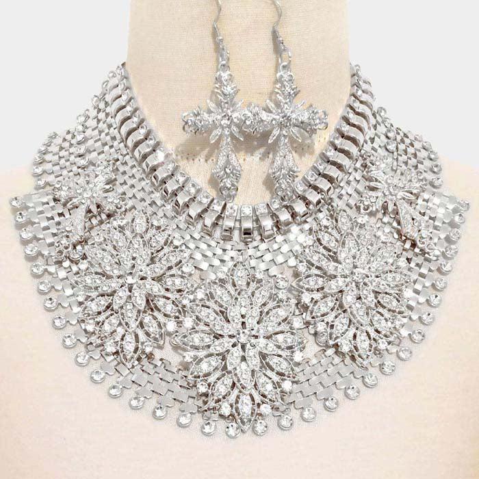 Stone Embellished Flower Cross Accented Statement Necklace Set
