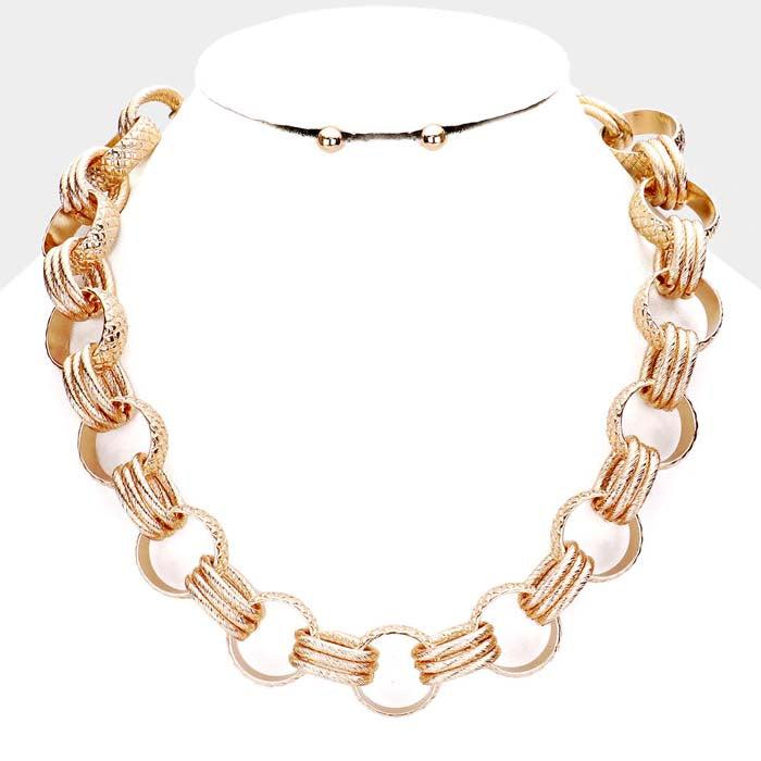 Textured Open Metal Circle Link Gold Necklace Set