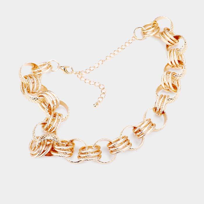 Textured Open Metal Circle Link Gold Necklace Set