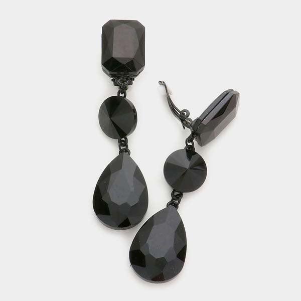 Triple Black Crystal Gunmetal Clip On Earrings