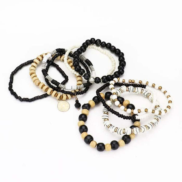10PCS - Coin Charm Wood Multi Beaded Stretch Bracelets
