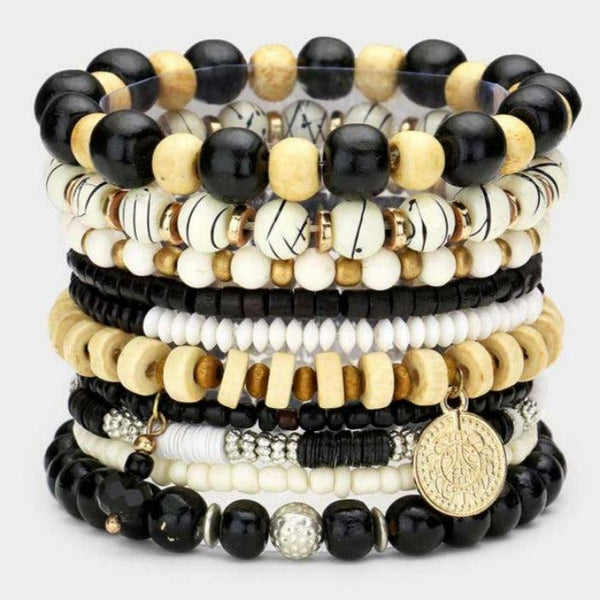 10PCS - Coin Charm Wood Multi Beaded Stretch Bracelets