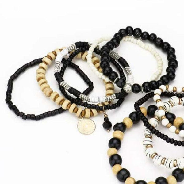 10PCS - Coin Charm Wood Multi Beaded Stretch Bracelets