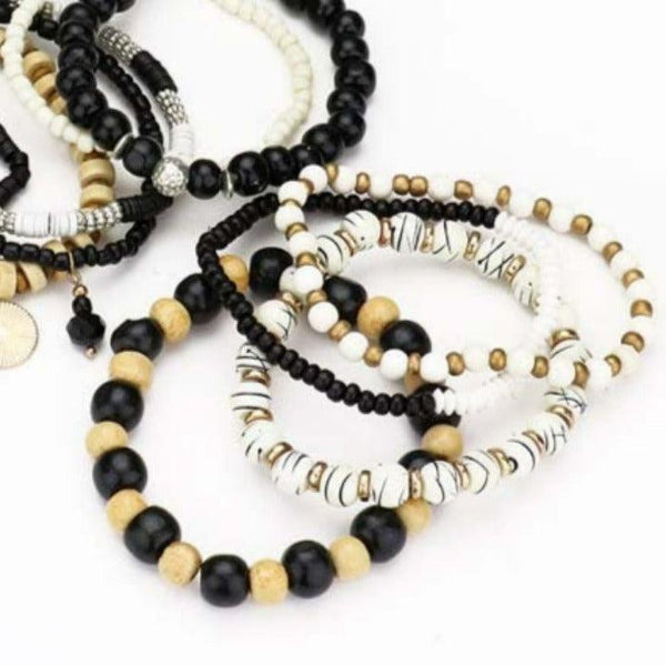 10PCS - Coin Charm Wood Multi Beaded Stretch Bracelets
