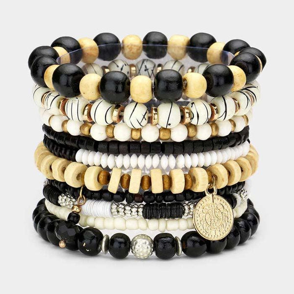 10PCS - Coin Charm Wood Multi Beaded Stretch Bracelets