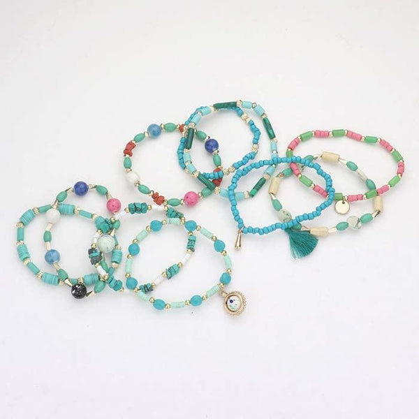 10PCS - Heishi Turquoise Blue Beaded Tassel Stretch Bracelets