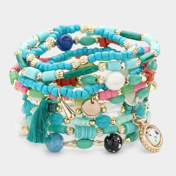 10PCS - Heishi Turquoise Blue Beaded Tassel Stretch Bracelets