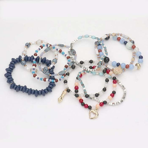 10PCS - Multi Beaded Heart Charm Stretch Bracelets