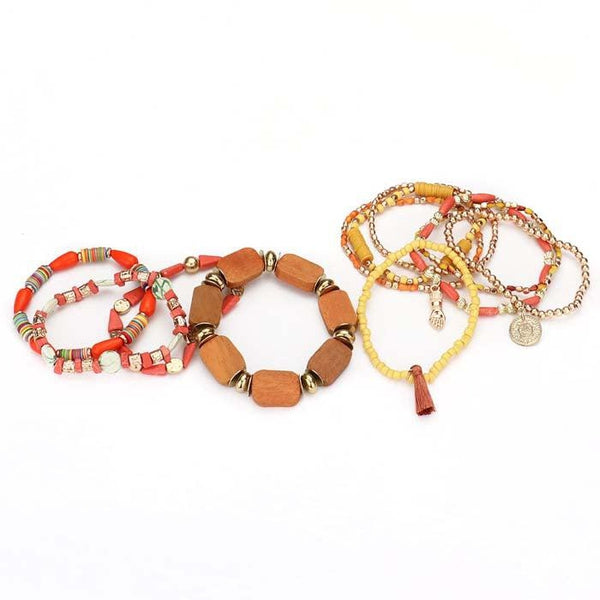 11PCS - Coin Hand Tassel Charm Wood Multi Beaded Stretch Bracelets