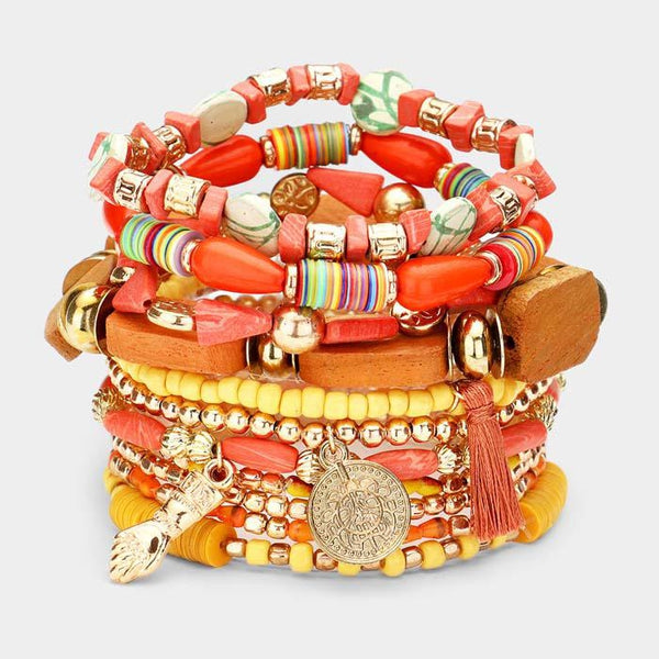 11PCS - Coin Hand Tassel Charm Wood Multi Beaded Stretch Bracelets