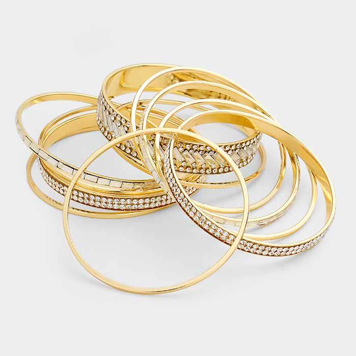 11PCS - Rhinestone Rectangular Stone Gold Metal Bangle Bracelets