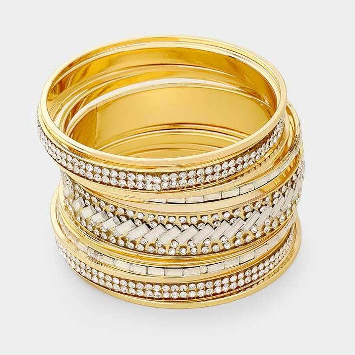 11PCS - Rhinestone Rectangular Stone Gold Metal Bangle Bracelets