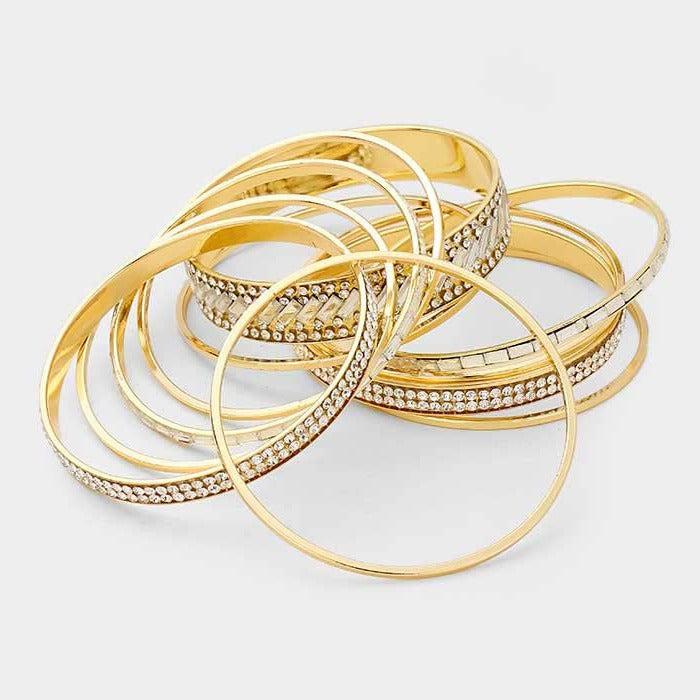 11PCS - Rhinestone Rectangular Stone Gold Metal Bangle Bracelets