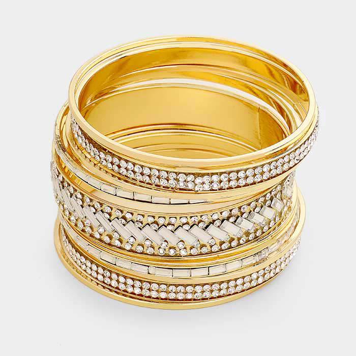 11PCS - Rhinestone Rectangular Stone Gold Metal Bangle Bracelets