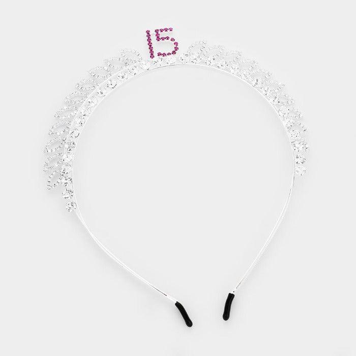 '15' Quinceañera Crystal Round Rhinestone Pave Headband-Hair Accessories-SPARKLE ARMAND