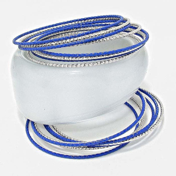 16 Layered Navy Blue & Silver Stackable Bangle Bracelet Set
