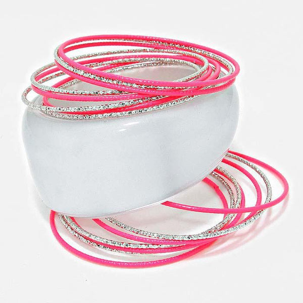 16 Layered Pink & Silver Stackable Bangle Bracelet Set