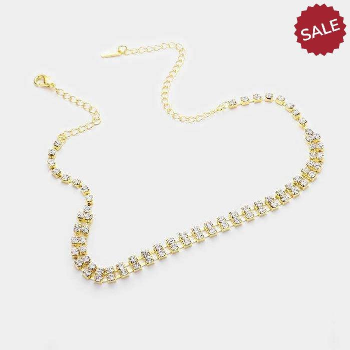 2-Row Clear Rhinestone Gold Choker Necklace & Earring Set-Necklace-SPARKLE ARMAND