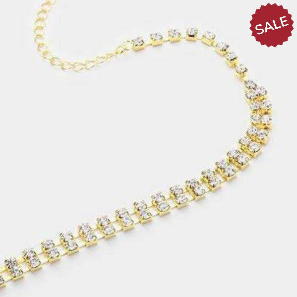 2-Row Clear Rhinestone Gold Choker Necklace & Earring Set-Necklace-SPARKLE ARMAND