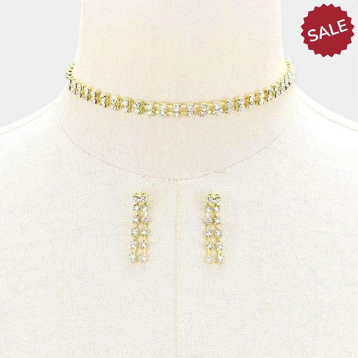 2-Row Clear Rhinestone Gold Choker Necklace & Earring Set-Necklace-SPARKLE ARMAND