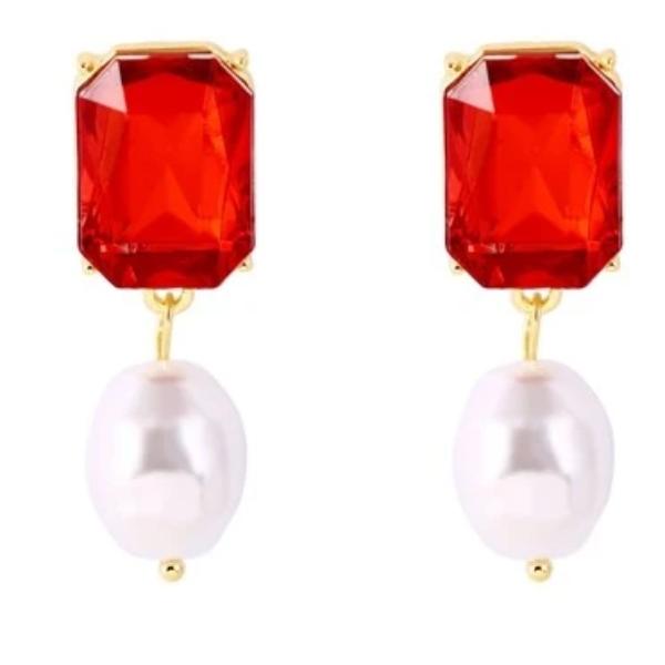 2 Stone Fuchsia Emerald Cut Rhinestone Faux Pearl Earrings-Earring-SPARKLE ARMAND