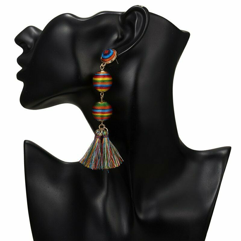 3 Ball Multi Color Mismatch Tassel Earrings-Earring-SPARKLE ARMAND