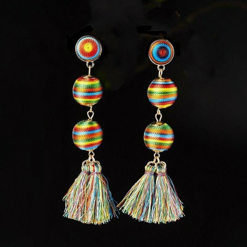 3 Ball Multi Color Mismatch Tassel Earrings-Earring-SPARKLE ARMAND