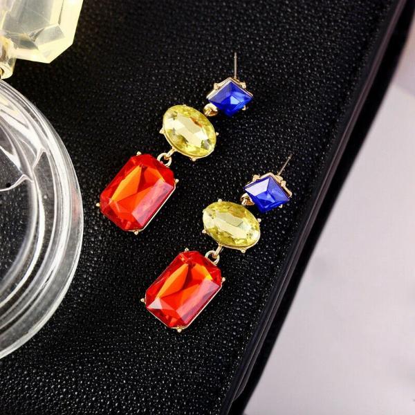 3 Stone Blue Green Red Rhinestone Dangle Earrings-Earring-SPARKLE ARMAND