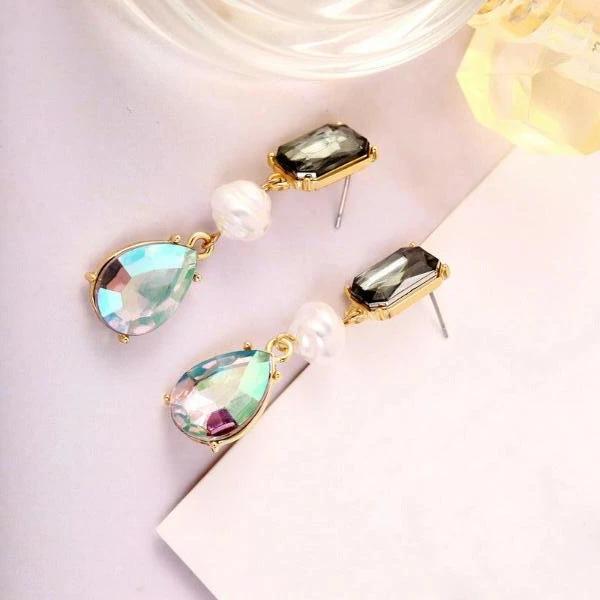 3 Stone Faux Pearl Crystal Dangle Earrings-Earring-SPARKLE ARMAND