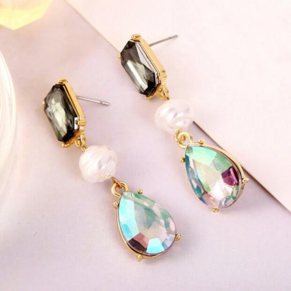 3 Stone Faux Pearl Crystal Dangle Earrings-Earring-SPARKLE ARMAND