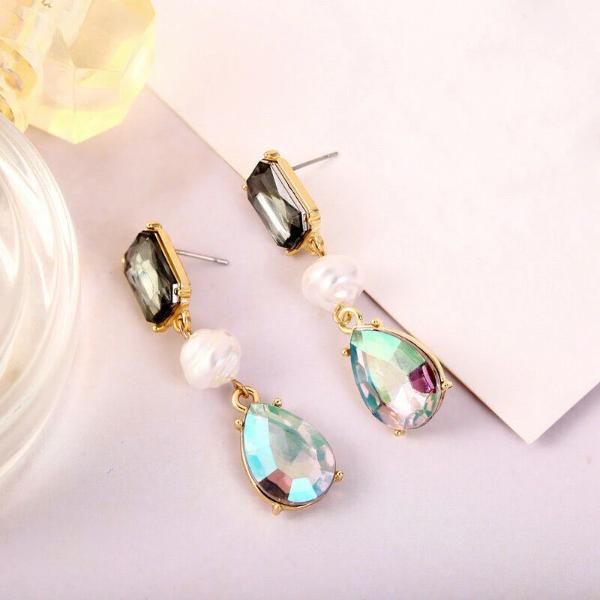 3 Stone Faux Pearl Crystal Dangle Earrings-Earring-SPARKLE ARMAND
