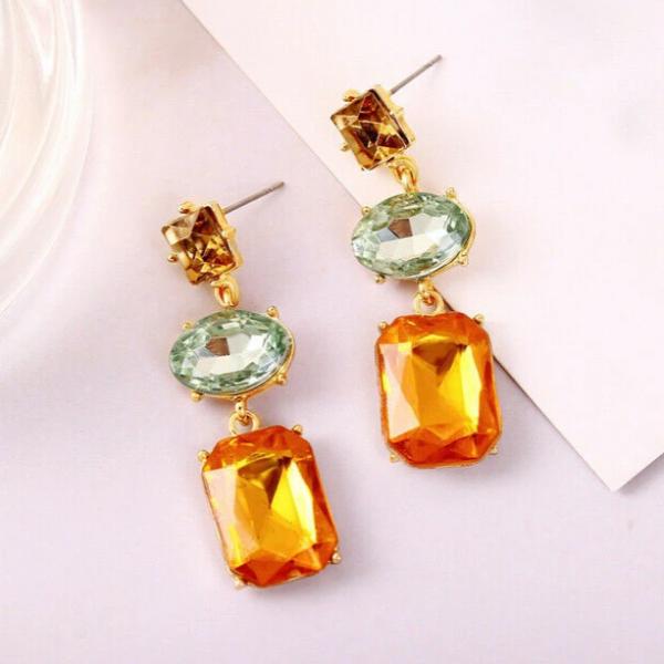 3 Stone Green Orange Champagne Rhinestone Dangle Earrings-Earring-SPARKLE ARMAND