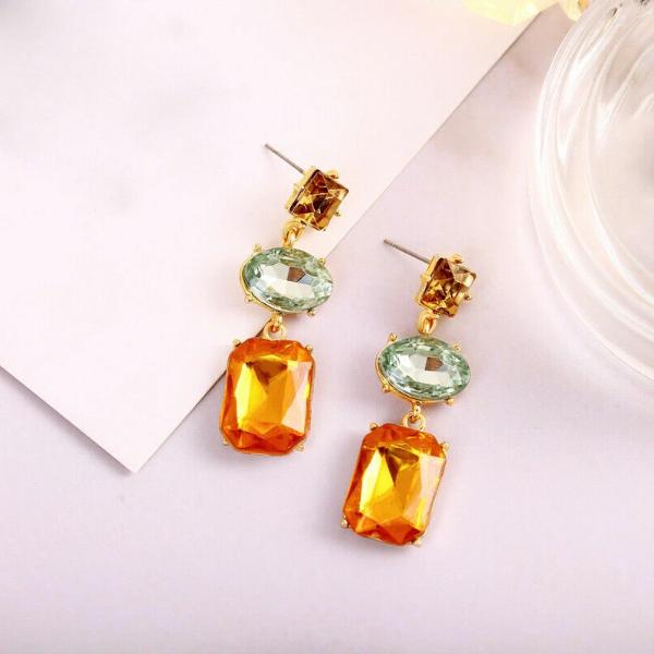 3 Stone Green Orange Champagne Rhinestone Dangle Earrings-Earring-SPARKLE ARMAND