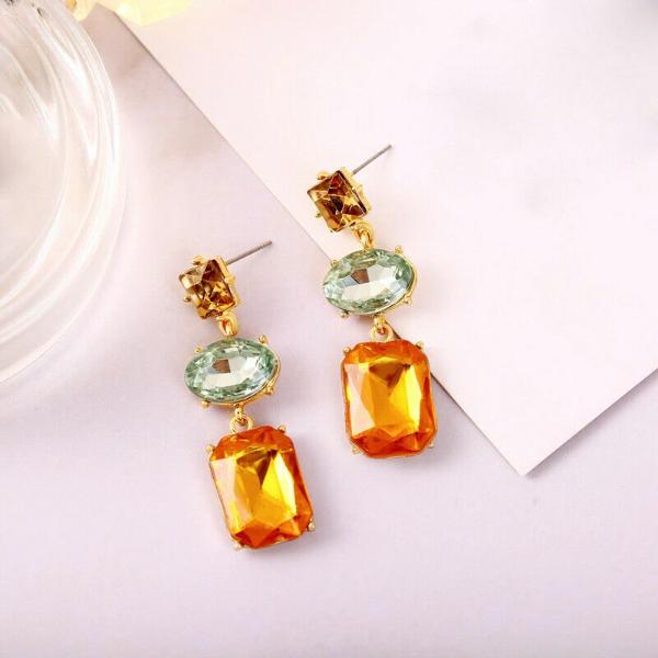 3 Stone Green Orange Champagne Rhinestone Dangle Earrings-Earring-SPARKLE ARMAND