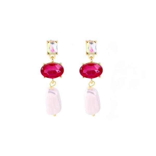 3 Stone Pink Oval Cut Faux Pearl Dangle Earrings-Earring-SPARKLE ARMAND