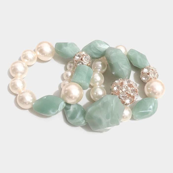 3PCS - Pearl Stone Ball Marbled Beaded Stretch Bracelets